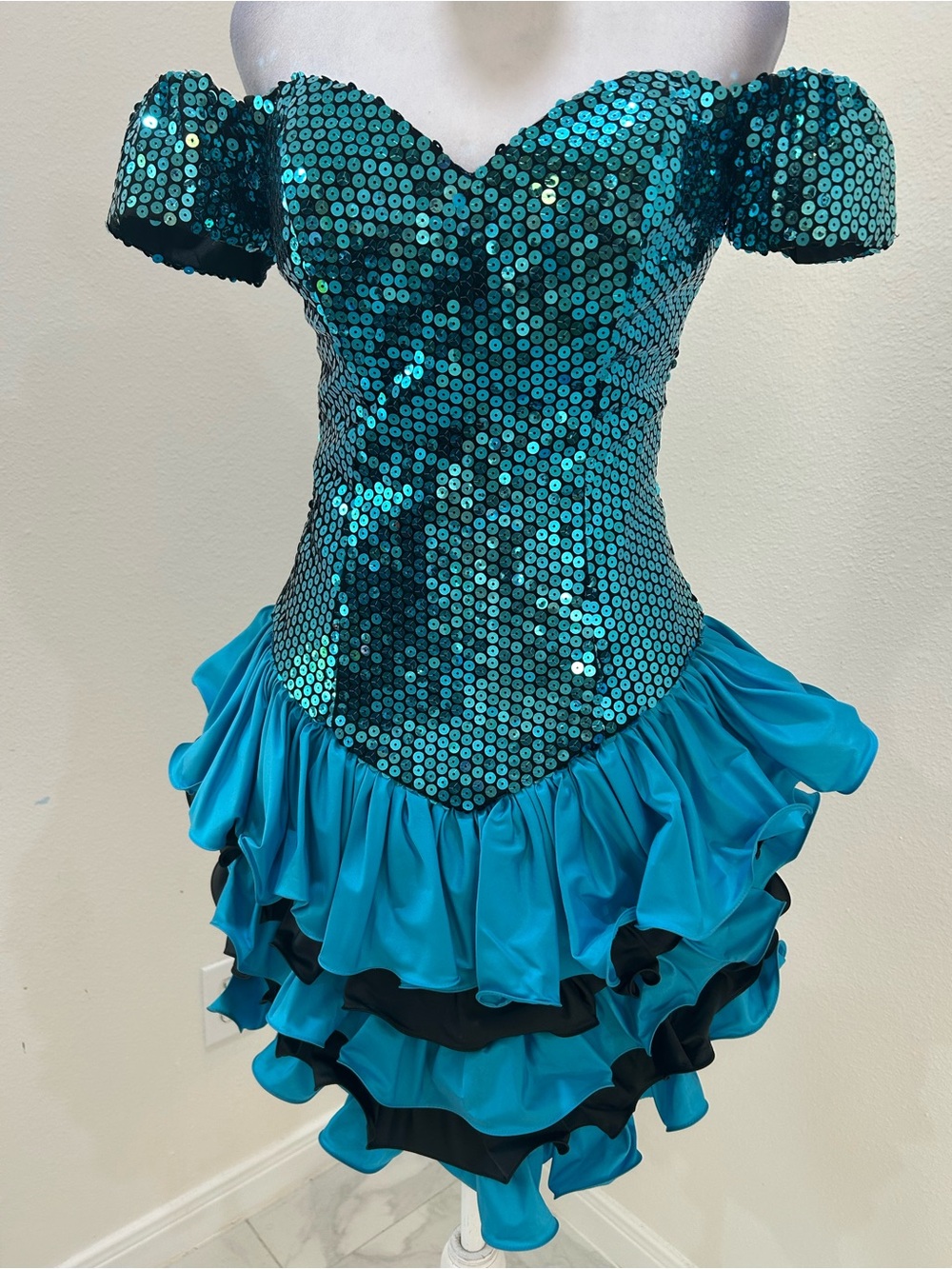 Dress 80’s Vintage Turquoise Sequin Off-Shoulder Ruffle Tiered Prom Dress